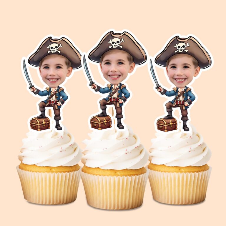 Custom Blue-Coated Pirate with Sword and Chest Face Cutout – Cupcake Topper Custom Blue-Coated Pirate with Sword and Chest Face Cutout shown on a cupcake topper mockup