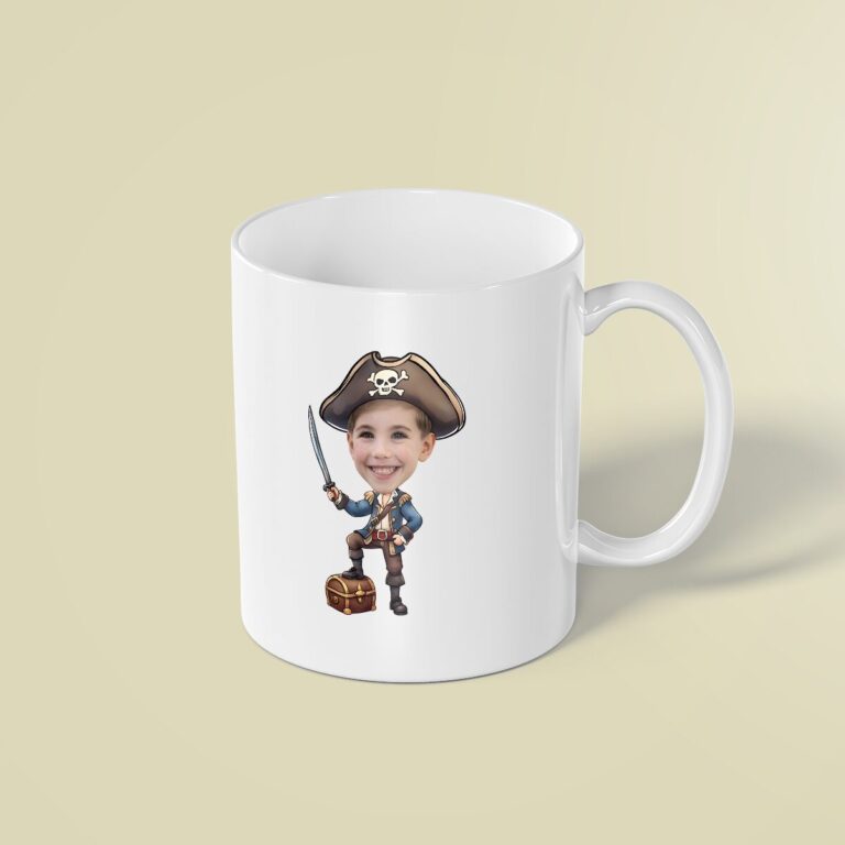 Custom Blue-Coated Pirate with Sword and Chest Face Cutout – Mug Custom Blue-Coated Pirate with Sword and Chest Face Cutout shown on a mug mockup