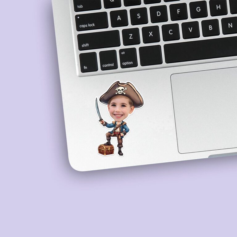 Custom Blue-Coated Pirate with Sword and Chest Face Cutout – Sticker Custom Blue-Coated Pirate with Sword and Chest Face Cutout shown on a sticker mockup
