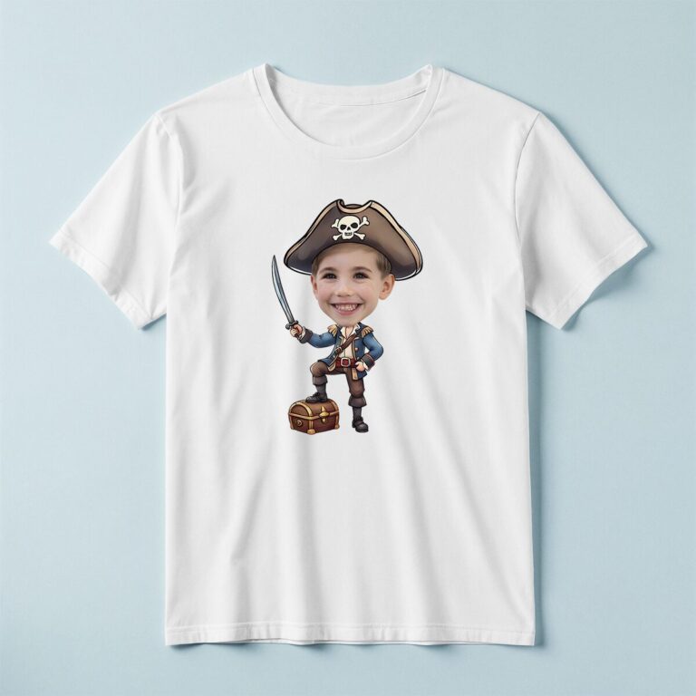 Custom Blue-Coated Pirate with Sword and Chest Face Cutout – T-shirt Custom Blue-Coated Pirate with Sword and Chest Face Cutout shown on a T-shirt mockup