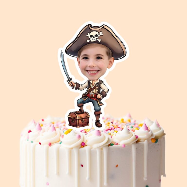 Custom Red-Vested Pirate with Sword and Chest Face Cutout – Cake Topper Custom Red-Vested Pirate with Sword and Chest Face Cutout shown on a cake topper mockup