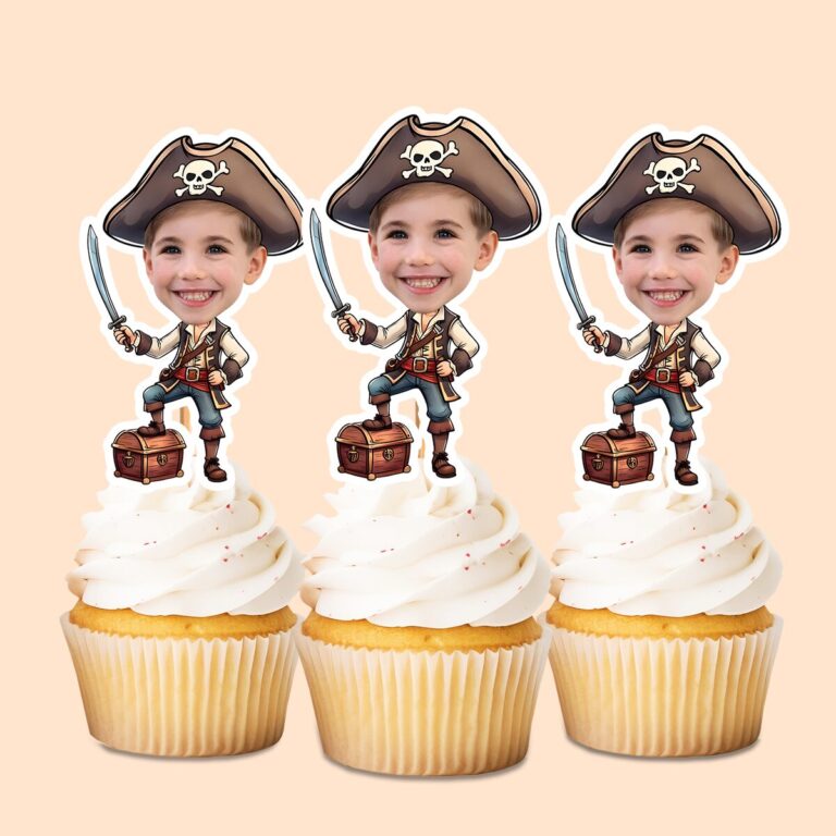 Custom Red-Vested Pirate with Sword and Chest Face Cutout – Cupcake Topper Custom Red-Vested Pirate with Sword and Chest Face Cutout shown on a cupcake topper mockup