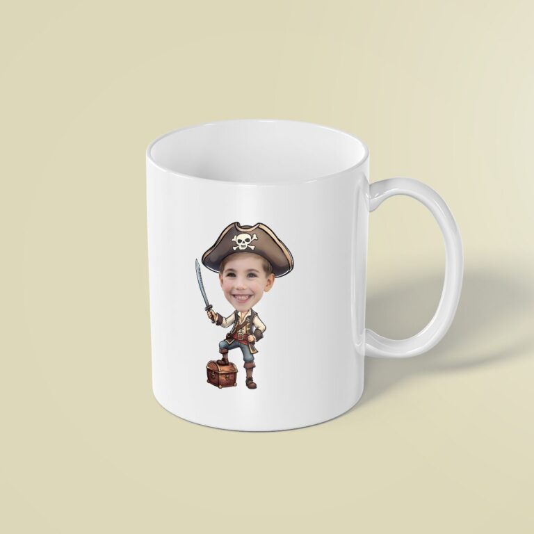 Custom Red-Vested Pirate with Sword and Chest Face Cutout – Mug Custom Red-Vested Pirate with Sword and Chest Face Cutout shown on a mug mockup