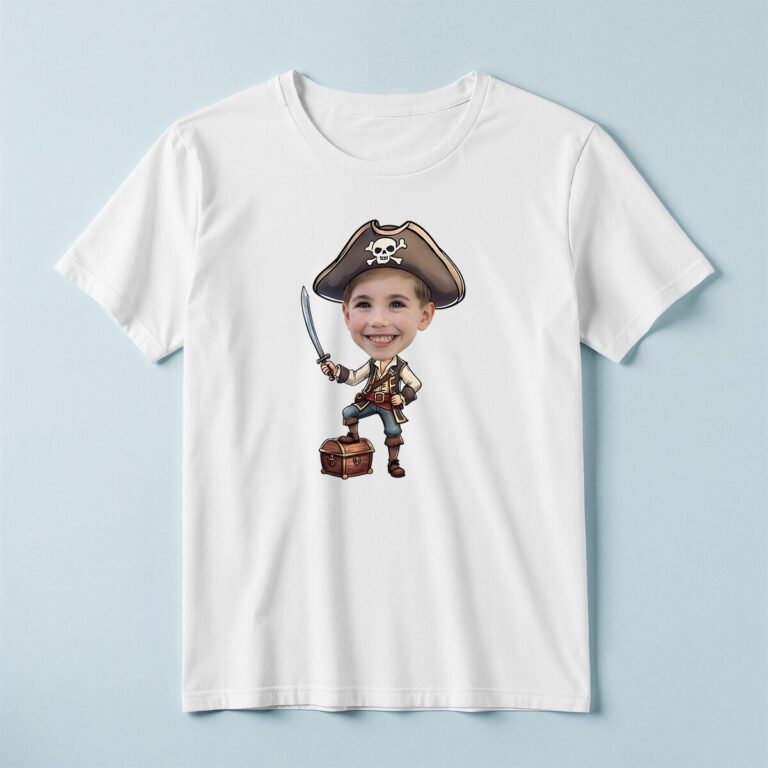 Custom Red-Vested Pirate with Sword and Chest Face Cutout – T-shirt Custom Red-Vested Pirate with Sword and Chest Face Cutout shown on a T-shirt mockup