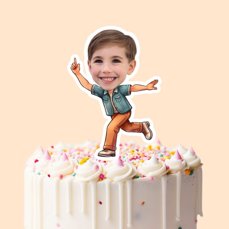 Custom Teal-Jacket Bowler Follow-Through Face Cutout – Cake Topper Custom Teal-Jacket Bowler Follow-Through Face Cutout shown on a cake topper mockup