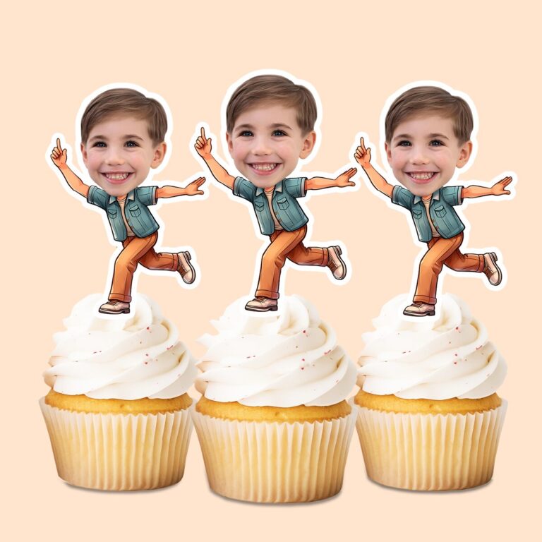 Custom Teal-Jacket Bowler Follow-Through Face Cutout – Cupcake Topper Custom Teal-Jacket Bowler Follow-Through Face Cutout shown on a cupcake topper mockup
