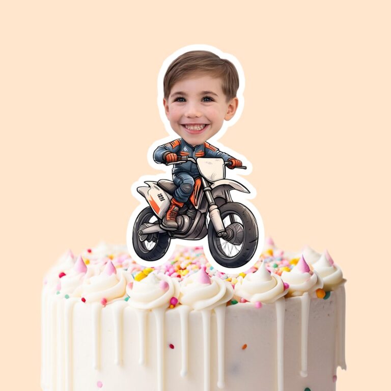 Custom Dirt-Bike Rider Orange Riding Gear Face Cutout – Cake Topper Custom Dirt-Bike Rider Orange Riding Gear Face Cutout shown on a cake topper mockup