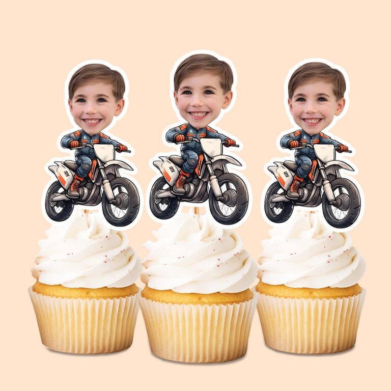 Custom Dirt-Bike Rider Orange Riding Gear Face Cutout – Cupcake Topper Custom Dirt-Bike Rider Orange Riding Gear Face Cutout shown on a cupcake topper mockup