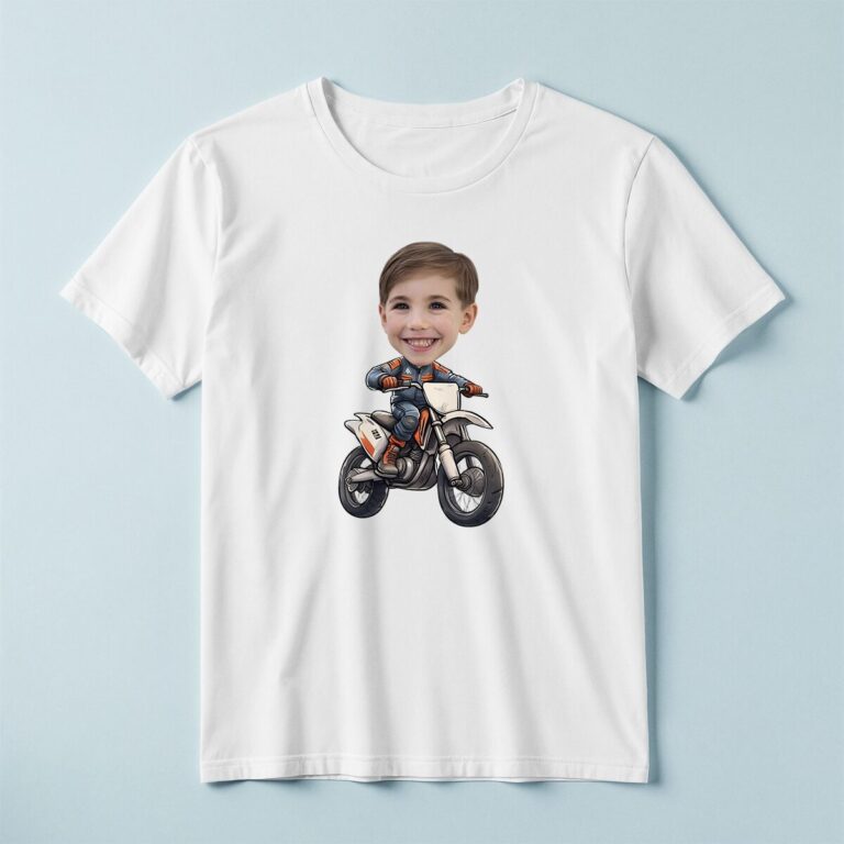 Custom Dirt-Bike Rider Orange Riding Gear Face Cutout – T-shirt Custom Dirt-Bike Rider Orange Riding Gear Face Cutout shown on a T-shirt mockup