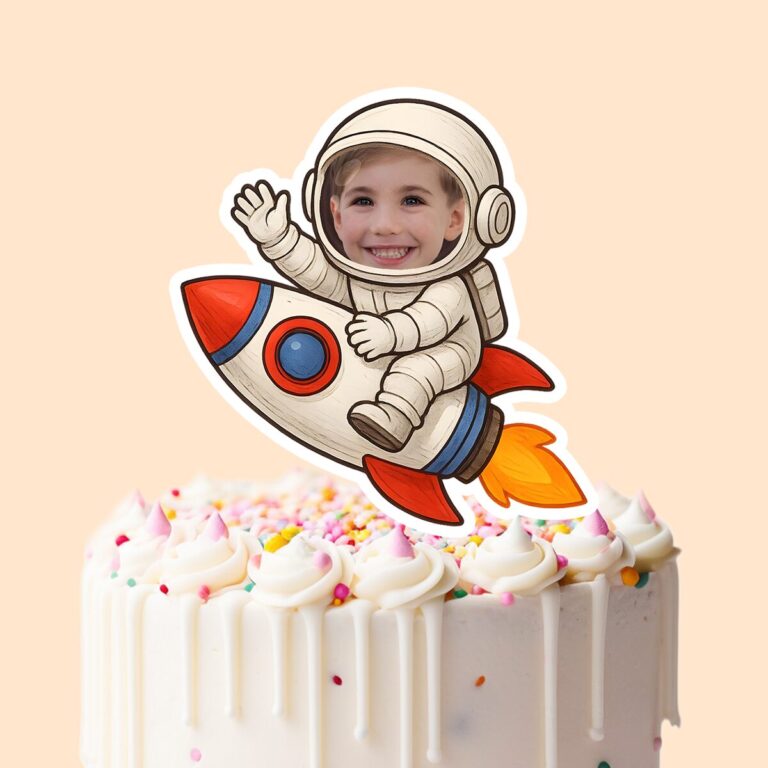 Custom Astronaut Riding White Astronaut Suit Face Cutout – Cake Topper Custom Astronaut Riding White Astronaut Suit Face Cutout shown on a cake topper mockup