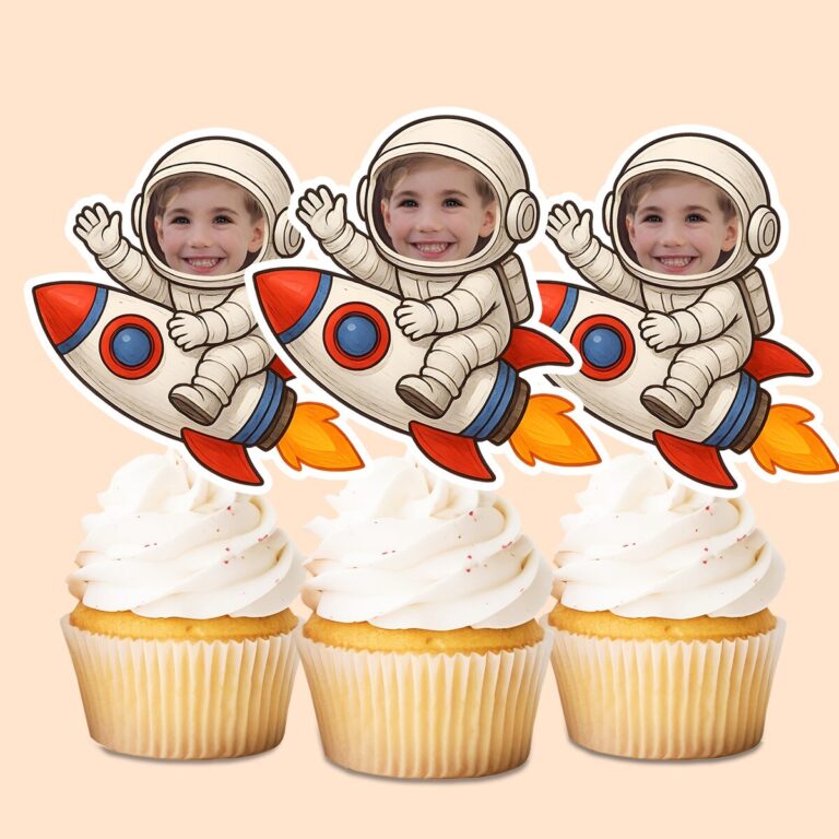 Custom Astronaut Riding White Astronaut Suit Face Cutout – Cupcake Topper Custom Astronaut Riding White Astronaut Suit Face Cutout shown on a cupcake topper mockup