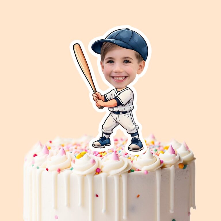 Custom Baseball Batter White Uniform Face Cutout – Cake Topper Custom Baseball Batter White Uniform Face Cutout shown on a cake topper mockup