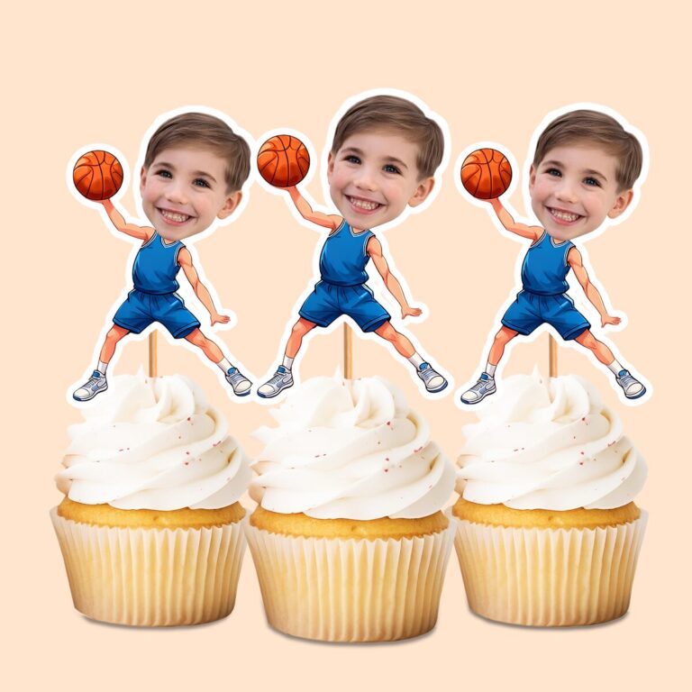 Custom Basketball Player Holding a Ball High Face Cutout – Cupcake Topper Custom Basketball Player Holding a Ball High Face Cutout shown on a cupcake topper mockup
