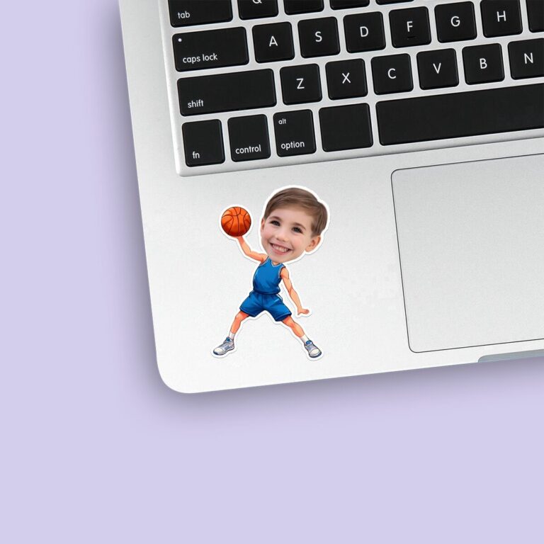 Custom Basketball Player Holding a Ball High Face Cutout – Sticker Custom Basketball Player Holding a Ball High Face Cutout shown on a sticker mockup