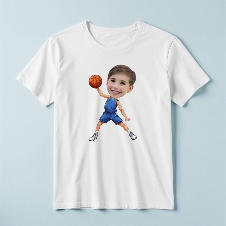 Custom Basketball Player Holding a Ball High Face Cutout – T-shirt Custom Basketball Player Holding a Ball High Face Cutout shown on a T-shirt mockup