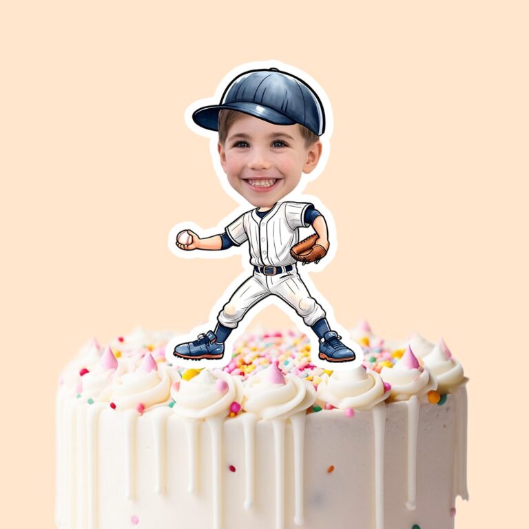 Custom Baseball Fielder White Pinstripe Face Cutout – Cake Topper Custom Baseball Fielder White Pinstripe Face Cutout shown on a cake topper mockup
