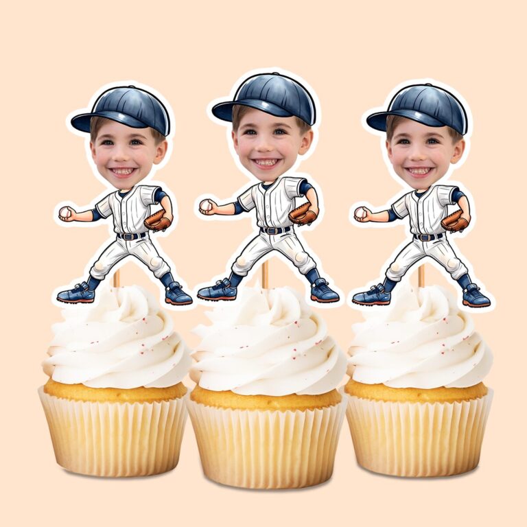Custom Baseball Fielder White Pinstripe Face Cutout – Cupcake Topper Custom Baseball Fielder White Pinstripe Face Cutout shown on a cupcake topper mockup