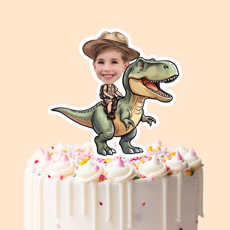 Custom Green Tyrannosaur Brown Safari Hat Face Cutout – Cake Topper Custom Green Tyrannosaur Brown Safari Hat Face Cutout shown on a cake topper mockup