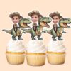 Custom Green Tyrannosaur Brown Safari Hat Face Cutout – Cupcake Topper Custom Green Tyrannosaur Brown Safari Hat Face Cutout shown on a cupcake topper mockup