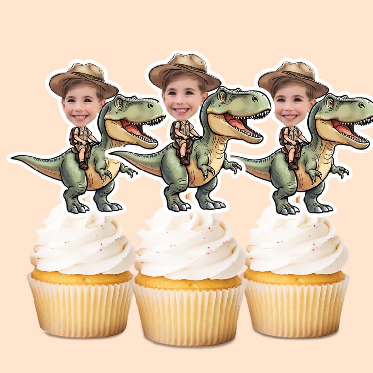Custom Green Tyrannosaur Brown Safari Hat Face Cutout – Cupcake Topper Custom Green Tyrannosaur Brown Safari Hat Face Cutout shown on a cupcake topper mockup