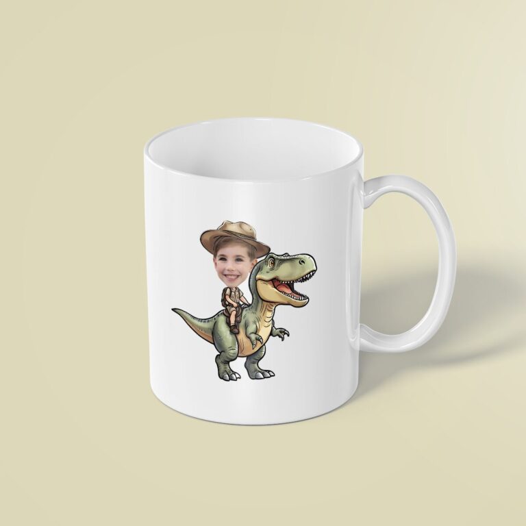 Custom Green Tyrannosaur Brown Safari Hat Face Cutout – Mug Custom Green Tyrannosaur Brown Safari Hat Face Cutout shown on a mug mockup