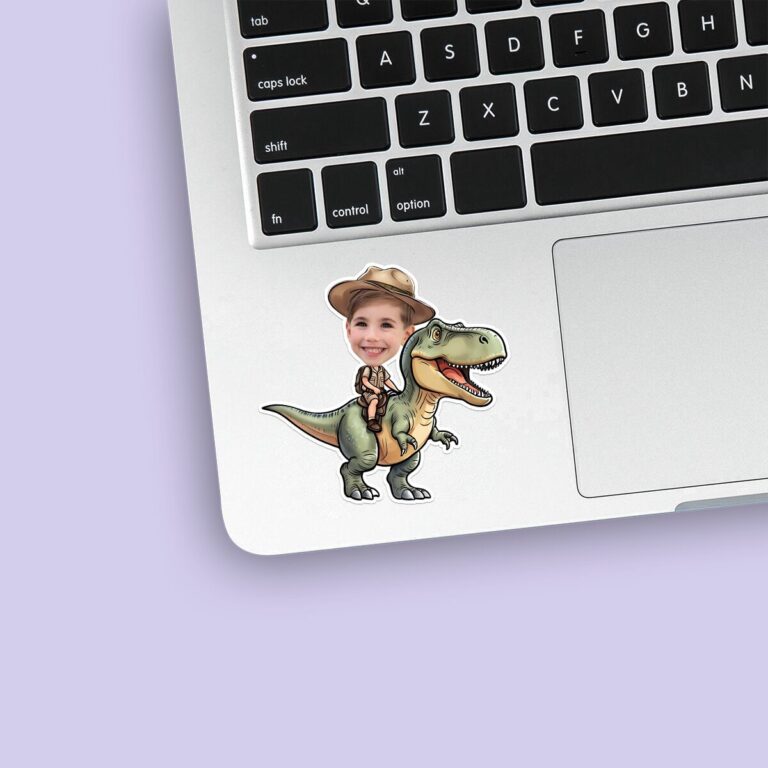 Custom Green Tyrannosaur Brown Safari Hat Face Cutout – Sticker Custom Green Tyrannosaur Brown Safari Hat Face Cutout shown on a sticker mockup