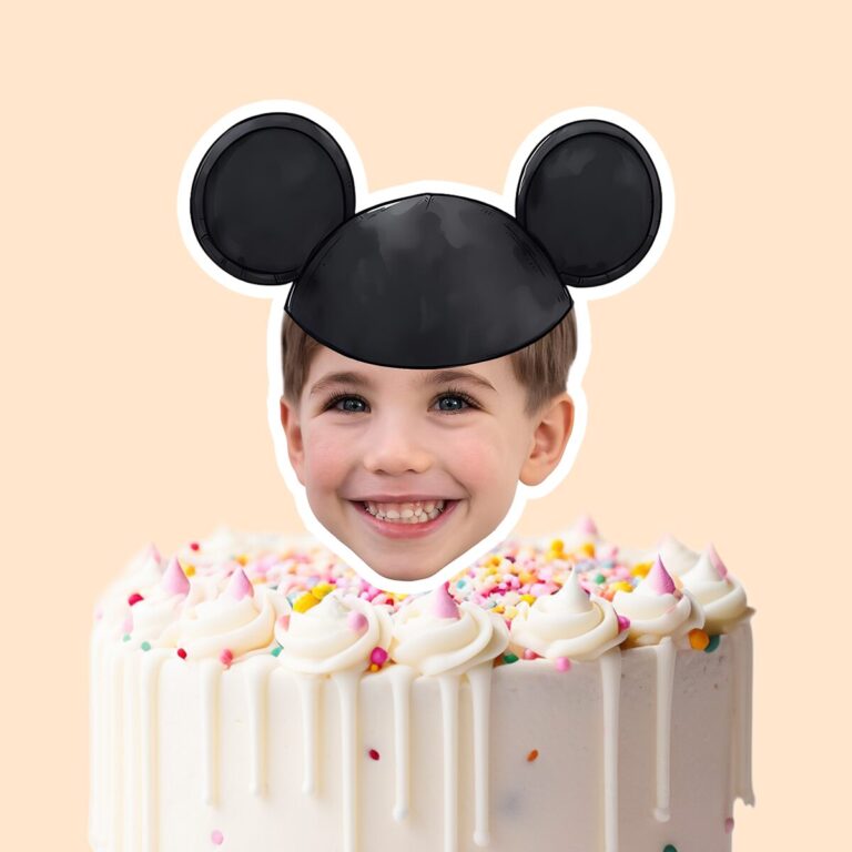 Custom Black Round-Ear Cap Portrait Face Cutout – Cake Topper Custom Black Round-Ear Cap Portrait Face Cutout shown on a cake topper mockup