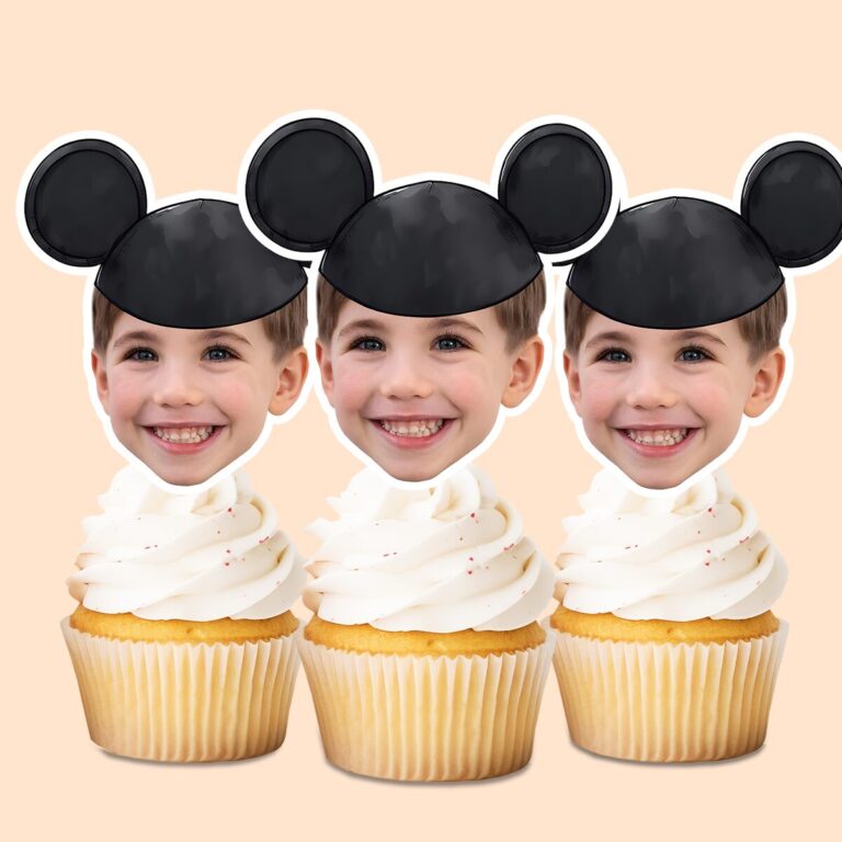 Custom Black Round-Ear Cap Portrait Face Cutout – Cupcake Topper Custom Black Round-Ear Cap Portrait Face Cutout shown on a cupcake topper mockup