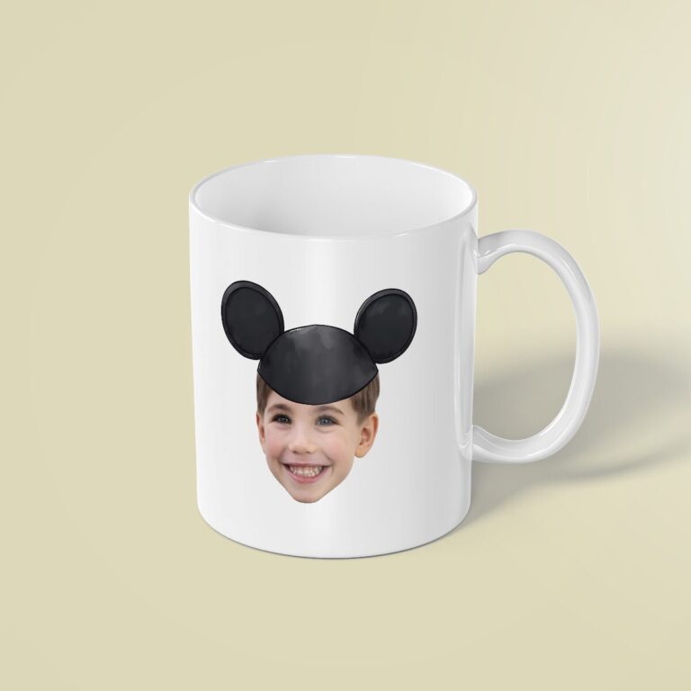 Custom Black Round-Ear Cap Portrait Face Cutout – Mug Custom Black Round-Ear Cap Portrait Face Cutout shown on a mug mockup