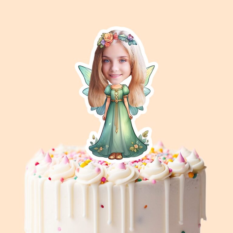 Custom Flower-Crowned Woodland Fairy Face Cutout – Cake Topper Custom Flower-Crowned Woodland Fairy Face Cutout shown on a cake topper mockup