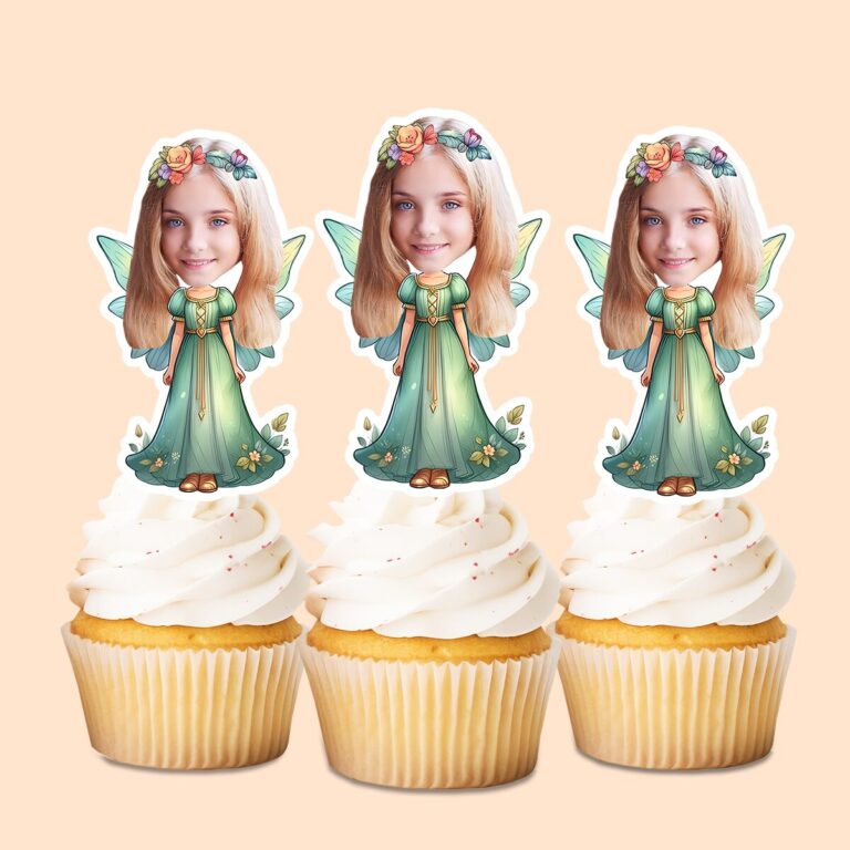Custom Flower-Crowned Woodland Fairy Face Cutout – Cupcake Topper Custom Flower-Crowned Woodland Fairy Face Cutout shown on a cupcake topper mockup