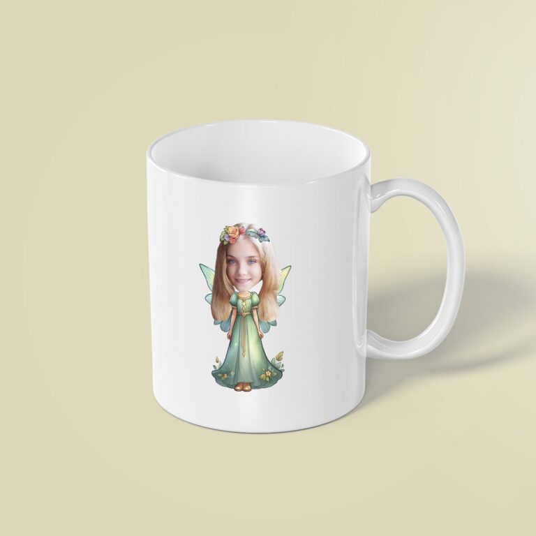 Custom Flower-Crowned Woodland Fairy Face Cutout – Mug Custom Flower-Crowned Woodland Fairy Face Cutout shown on a mug mockup