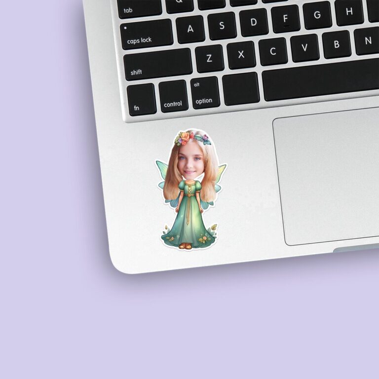 Custom Flower-Crowned Woodland Fairy Face Cutout – Sticker Custom Flower-Crowned Woodland Fairy Face Cutout shown on a sticker mockup