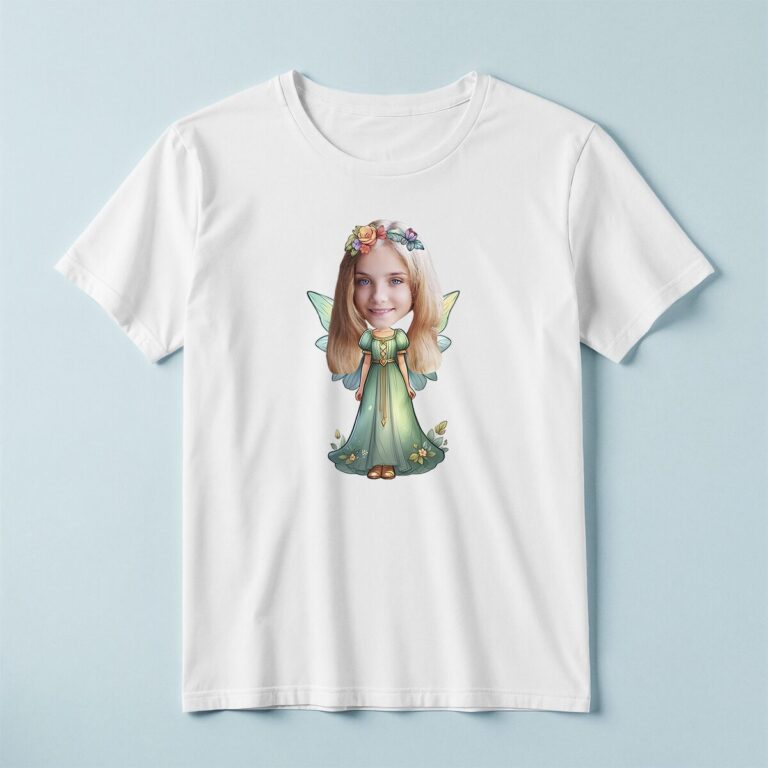 Custom Flower-Crowned Woodland Fairy Face Cutout – T-shirt Custom Flower-Crowned Woodland Fairy Face Cutout shown on a T-shirt mockup