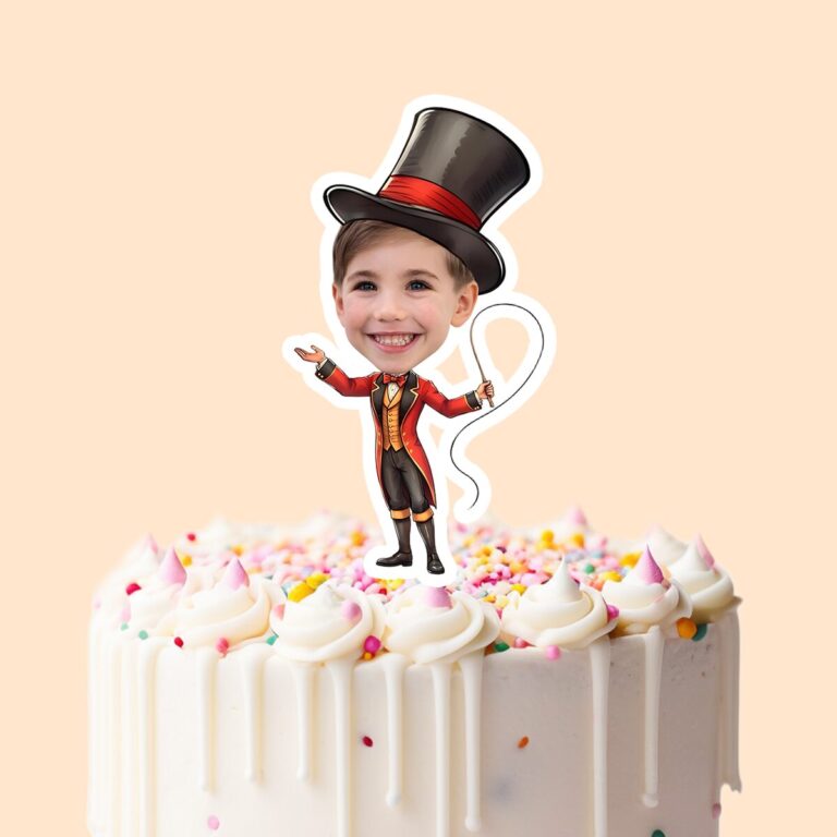 Custom Circus Ringmaster Presenting a Rope Face Cutout – Cake Topper Custom Circus Ringmaster Presenting a Rope Face Cutout shown on a cake topper mockup