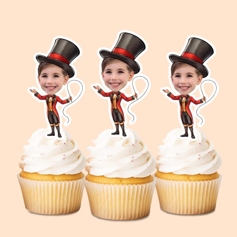 Custom Circus Ringmaster Presenting a Rope Face Cutout – Cupcake Topper Custom Circus Ringmaster Presenting a Rope Face Cutout shown on a cupcake topper mockup