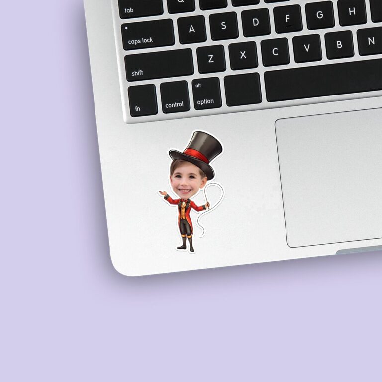 Custom Circus Ringmaster Presenting a Rope Face Cutout – Sticker Custom Circus Ringmaster Presenting a Rope Face Cutout shown on a sticker mockup
