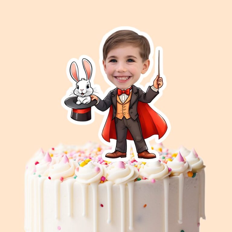 Custom Stage Magician Black Top Hat and Suit Face Cutout – Cake Topper Custom Stage Magician Black Top Hat and Suit Face Cutout shown on a cake topper mockup