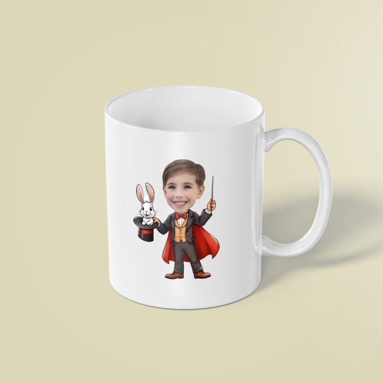 Custom Stage Magician Black Top Hat and Suit Face Cutout – Mug Custom Stage Magician Black Top Hat and Suit Face Cutout shown on a mug mockup