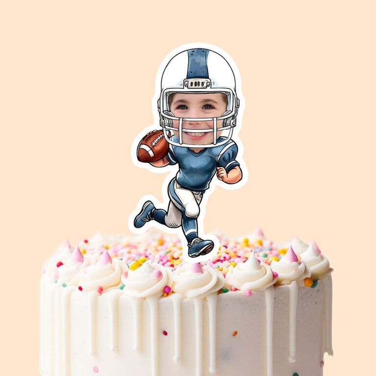 Custom Blue-Uniform Football White Helmet Face Cutout – Cake Topper Custom Blue-Uniform Football White Helmet Face Cutout shown on a cake topper mockup