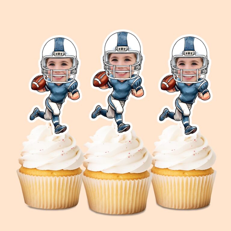 Custom Blue-Uniform Football White Helmet Face Cutout – Cupcake Topper Custom Blue-Uniform Football White Helmet Face Cutout shown on a cupcake topper mockup