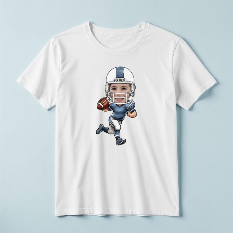 Custom Blue-Uniform Football White Helmet Face Cutout – T-shirt Custom Blue-Uniform Football White Helmet Face Cutout shown on a T-shirt mockup