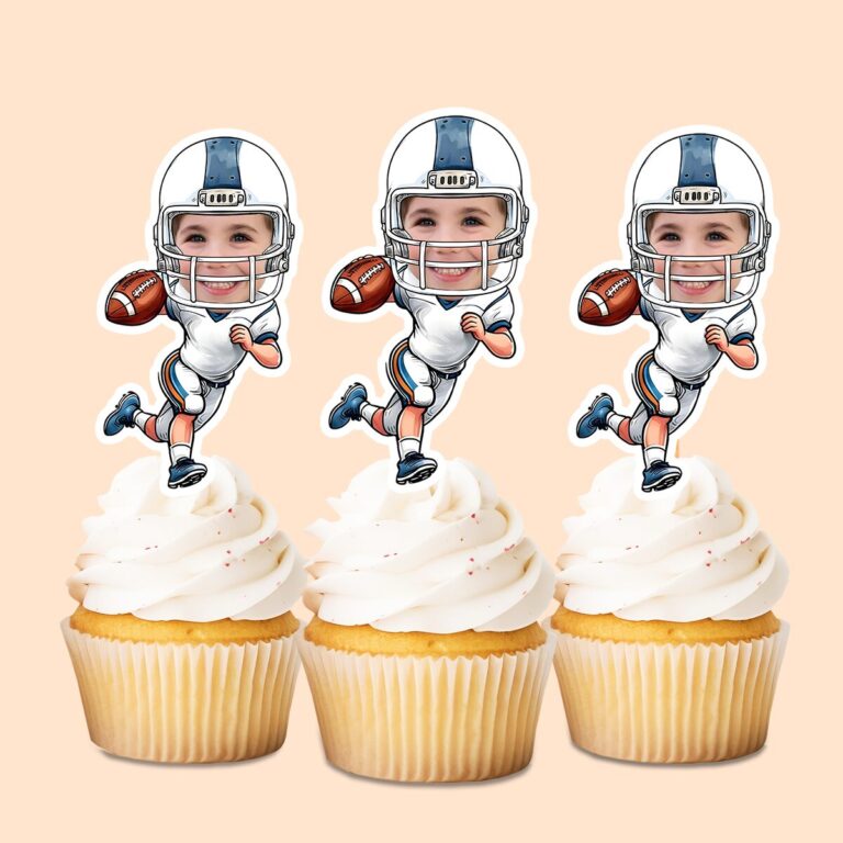 Custom White-Uniform Football Runner Face Cutout – Cupcake Topper Custom White-Uniform Football Runner Face Cutout shown on a cupcake topper mockup
