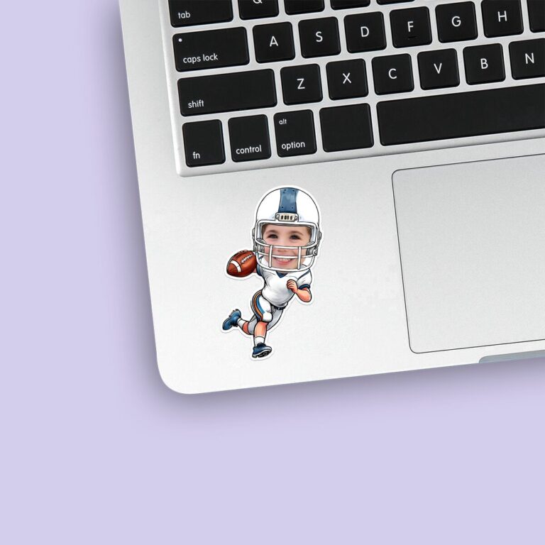 Custom White-Uniform Football Runner Face Cutout – Sticker Custom White-Uniform Football Runner Face Cutout shown on a sticker mockup