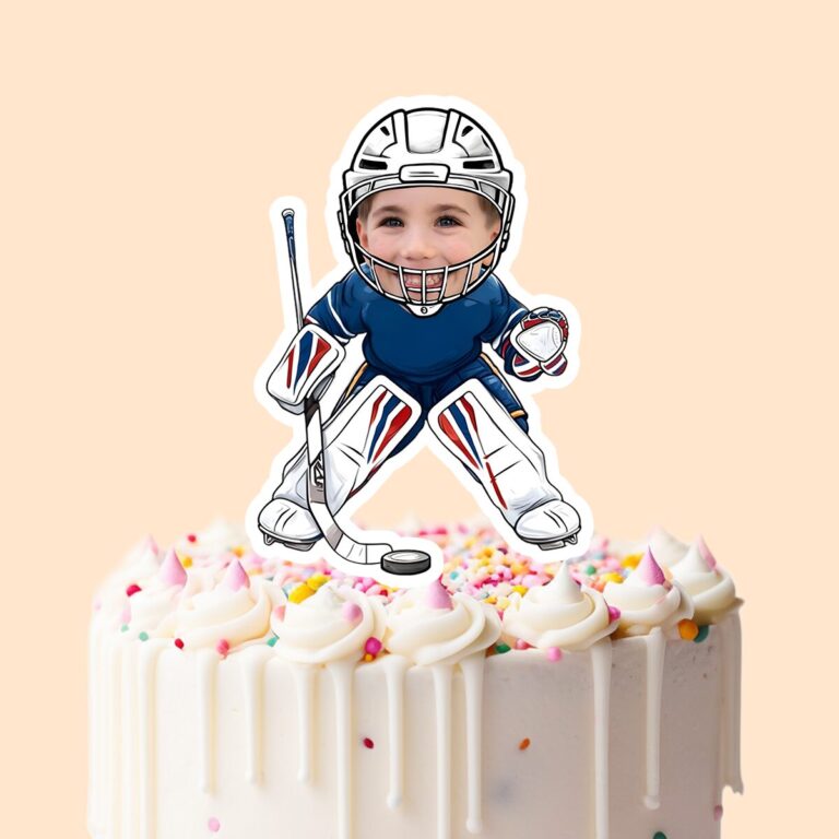 Custom Ice Hockey Goalie in a Crouch Face Cutout – Cake Topper Custom Ice Hockey Goalie in a Crouch Face Cutout shown on a cake topper mockup
