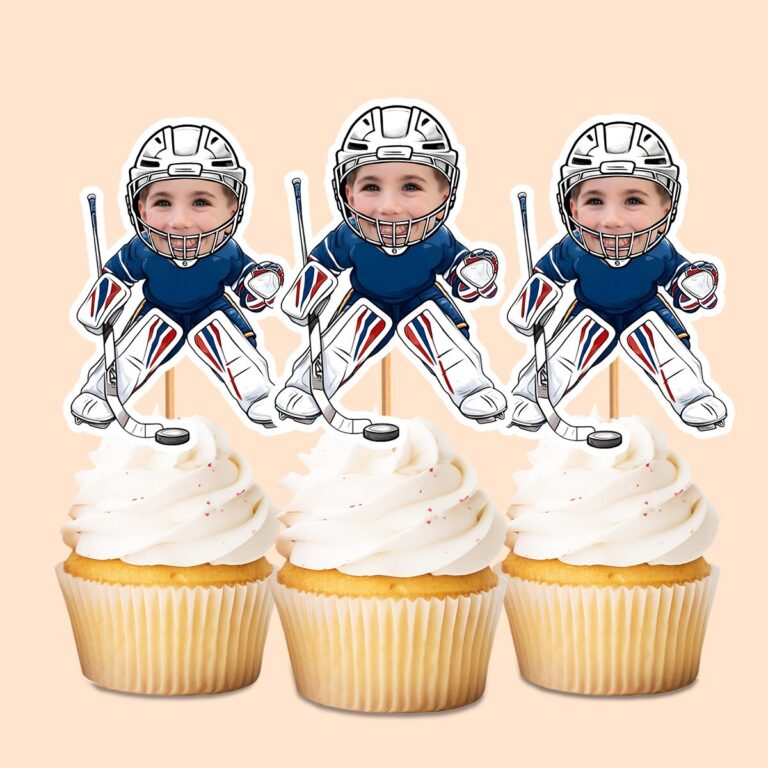 Custom Ice Hockey Goalie in a Crouch Face Cutout – Cupcake Topper Custom Ice Hockey Goalie in a Crouch Face Cutout shown on a cupcake topper mockup