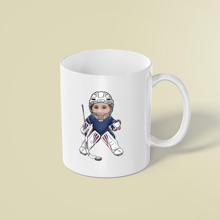 Custom Ice Hockey Goalie in a Crouch Face Cutout – Mug Custom Ice Hockey Goalie in a Crouch Face Cutout shown on a mug mockup