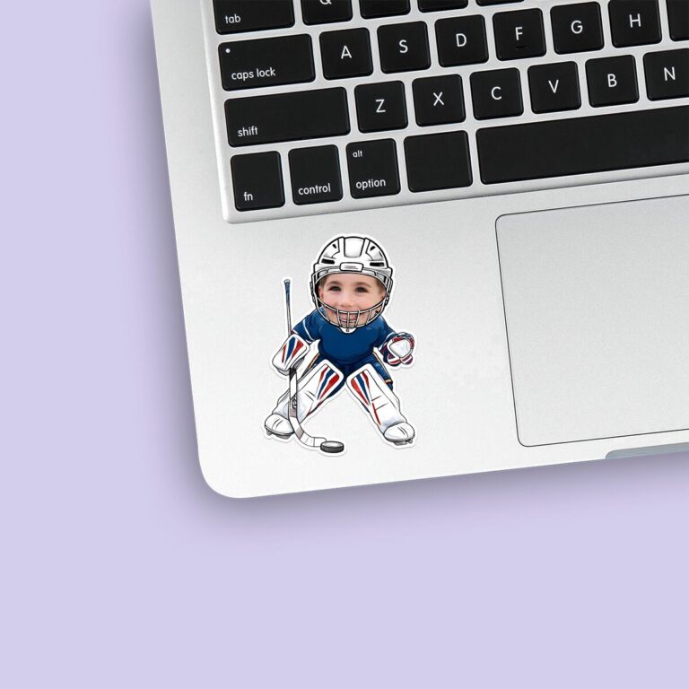 Custom Ice Hockey Goalie in a Crouch Face Cutout – Sticker Custom Ice Hockey Goalie in a Crouch Face Cutout shown on a sticker mockup