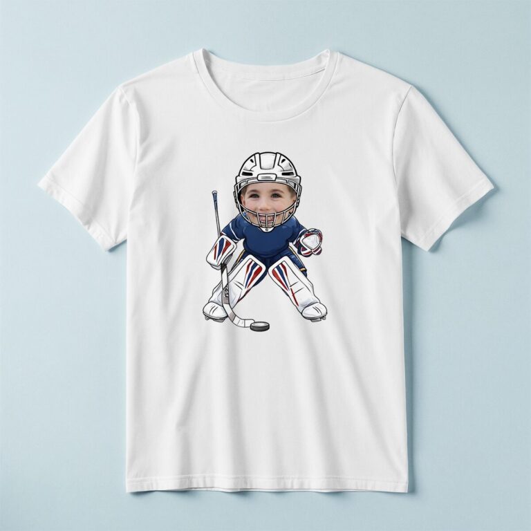Custom Ice Hockey Goalie in a Crouch Face Cutout – T-shirt Custom Ice Hockey Goalie in a Crouch Face Cutout shown on a T-shirt mockup