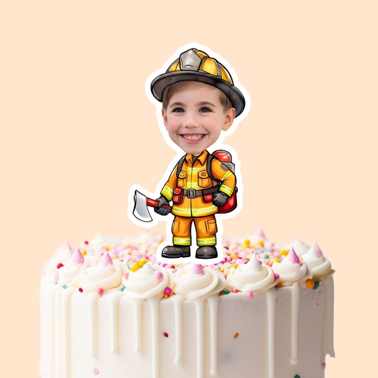 Custom Firefighter Carrying an Axe Face Cutout – Cake Topper Custom Firefighter Carrying an Axe Face Cutout shown on a cake topper mockup